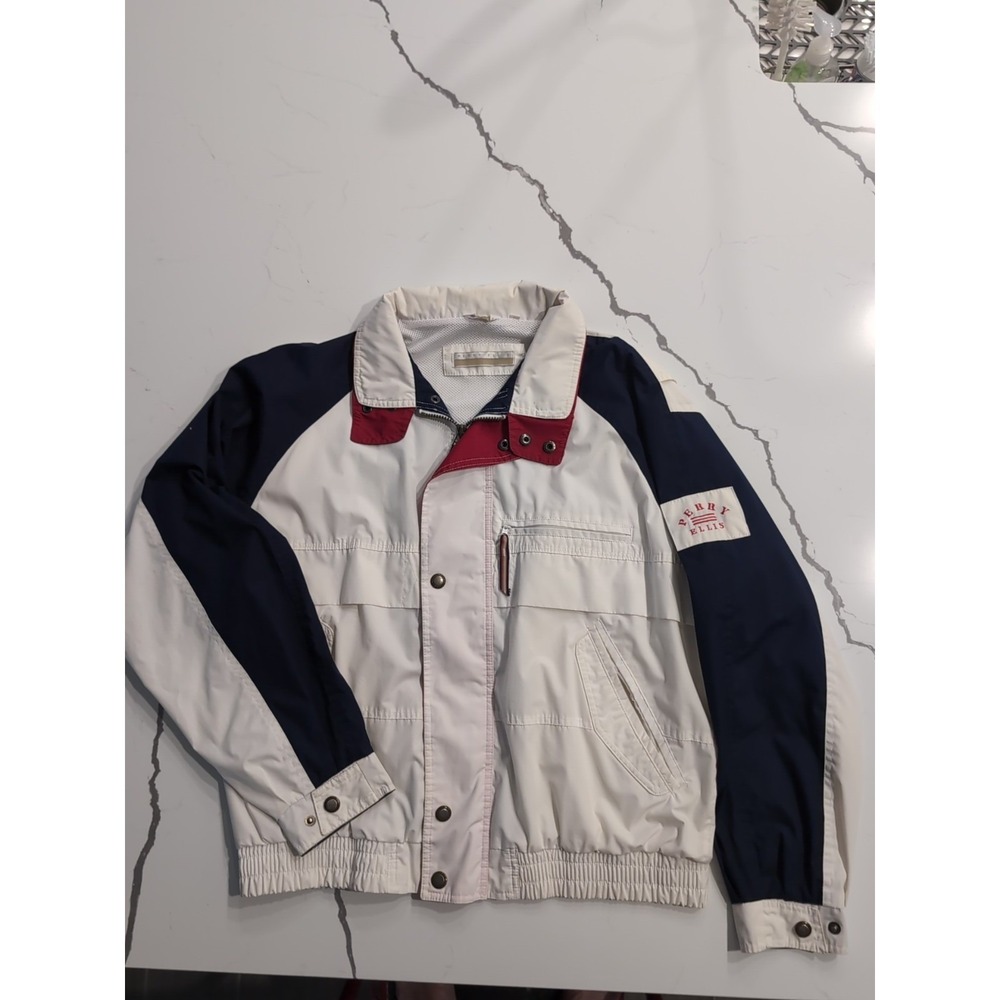 Perry Ellis Vintage Mens Colorblock Windbreaker Jacket White Navy Red XL